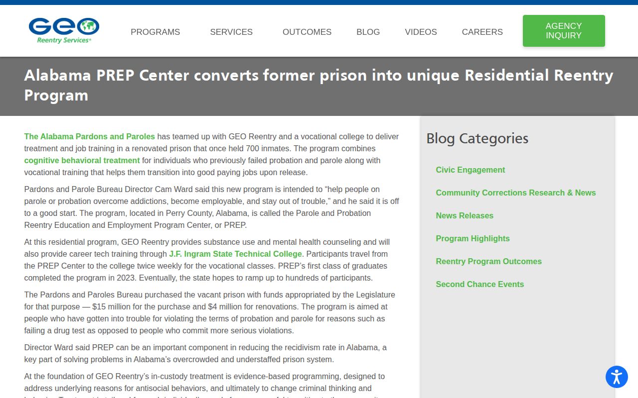 Former Perry County Correctional Facility release context and PREP Center conversion